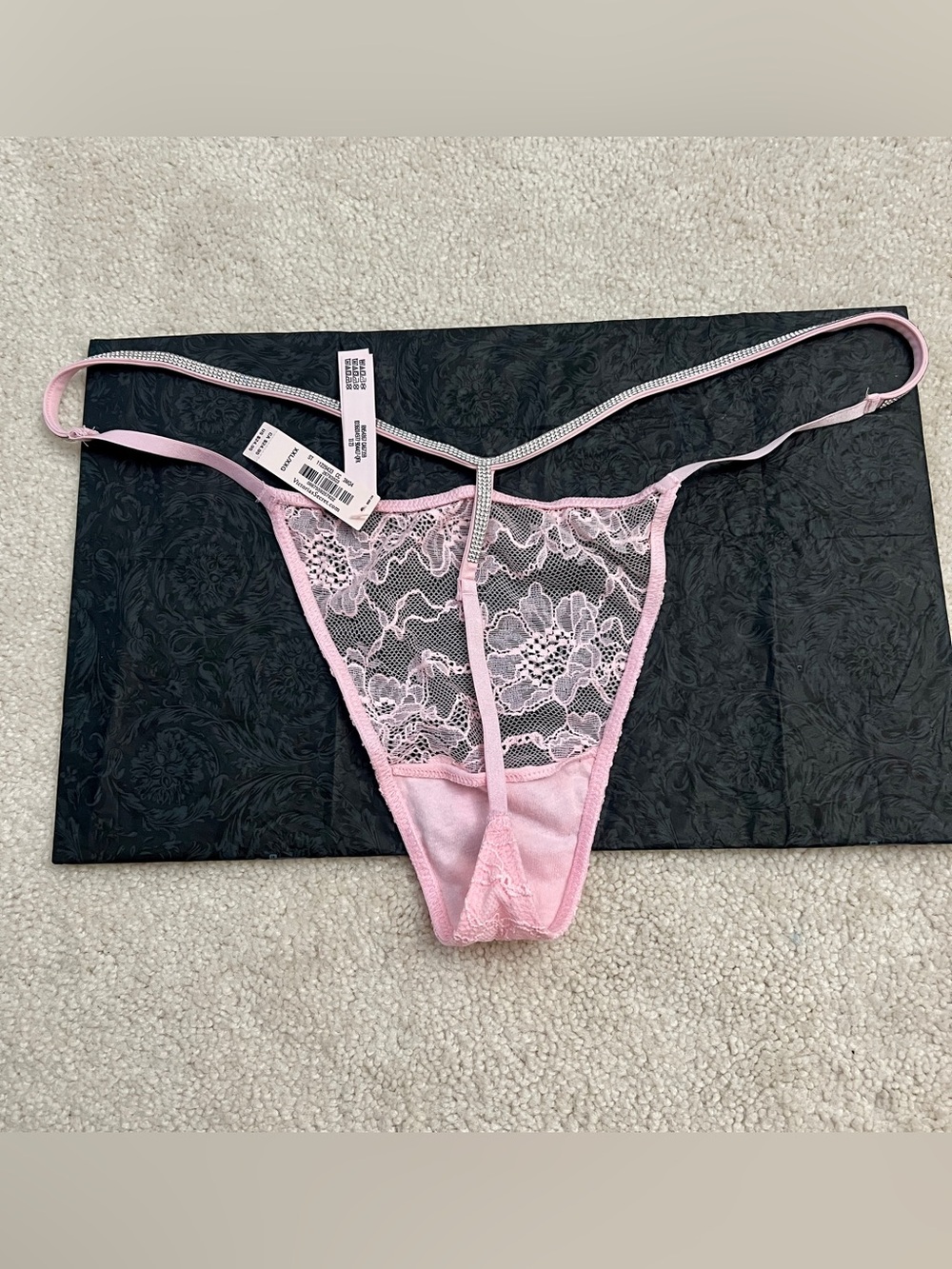 NWT Victoria’s Secret Very Sexy LUXE Pink Lace Rhinestone strap thong panty XXL